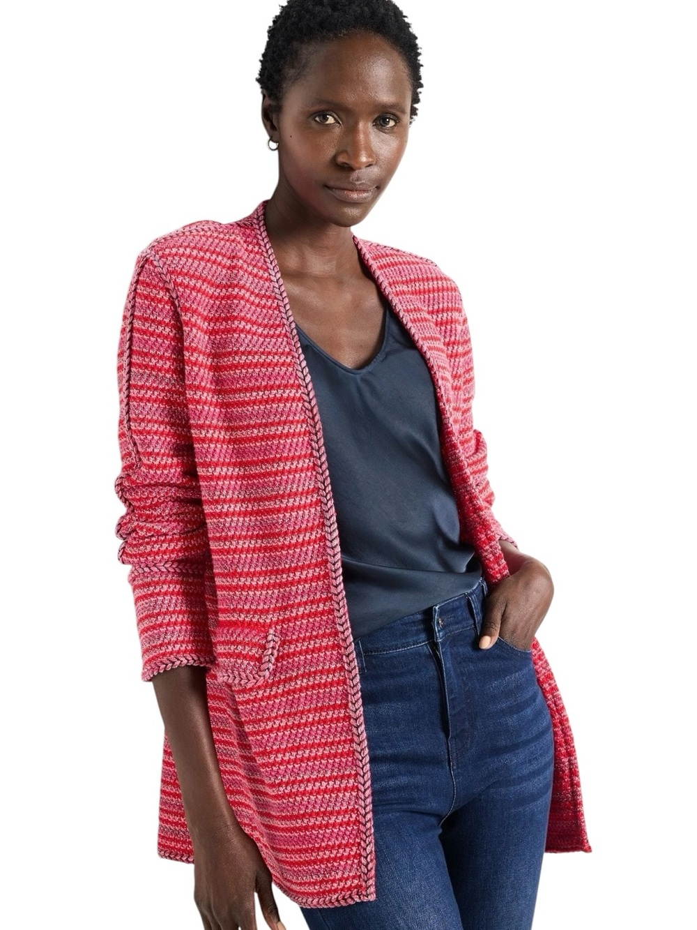 NIC+ZOE Heat Clash Cardigan - Knit Red and Pink - Small Petite